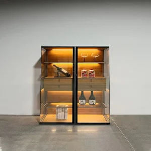 Luxury Modern Glass Door Walnut Tall Cabinet Sensor LED Liquor Display Wine Cabinet Eco-Friendly Waterproof Customizable Living