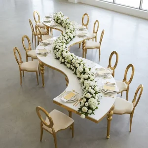 Luxury Modern Gold Legs Serpentine S Shape Dining Table with Stainless Steel Frame and Marble Top for Hotel Use and Weddings