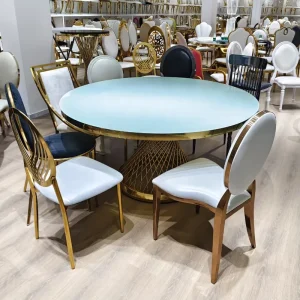 Luxury Modern Gold Stainless Steel Stacking Leather Event Banquet Wedding Tables Chairs Furniture for Hotel