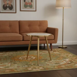 Luxury Modern Golden Glass Side Table with Printings Small Sofa Table with Metal Legs for Living Room