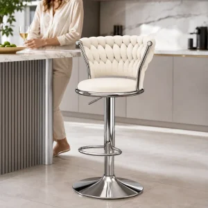 Luxury Modern Grey Velvet Woven Backrest Height Adjustable Gold Metal Swivel Pedestal Base Kitchen Counter Bar Stool