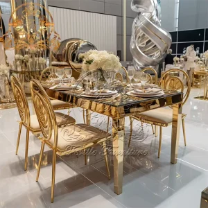 Luxury Modern Hotel Gold Metal Wedding Couple Dinner Table Dining Room Set for Bride and Groom