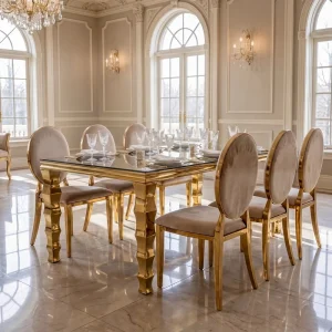 Luxury Modern Hotel Rectangular Stainless Steel Dining Table Set with Marble Countertop