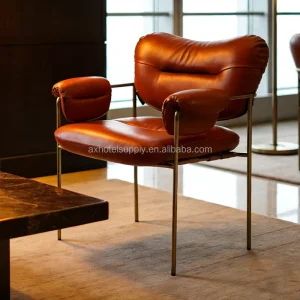 Luxury Modern Hotel Restaurant Dining Room Chair Hotel Leisure Orange Leather Metal Leisure Cafe Chairs