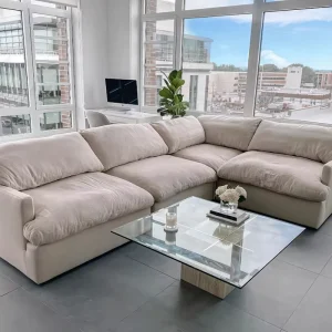 Luxury Modern L Shape Sectional Linen Fabric Sofa Set with Wood Frame and Sponge Filled Reclining Sofa Bed Storage Living Room