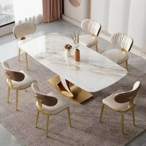 Luxury Modern Marble Dining Table Set 6 Seater with Gold Base Upholstered Chairs Hotel Restaurant Commercial Reception Furniture