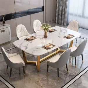 Luxury Modern Marble Dining Table Set 6 Seater with Quilted Two-Tone Chairs Gold Legs Hotel Restaurant Reception Room Furniture