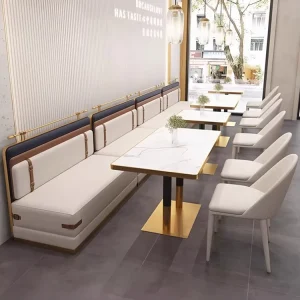 Luxury Modern Minimalist Dining Hotel Restaurant Commercial Booth Seating Set with Rock Slab Tabletop Oblong & Round Chairs