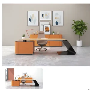 Luxury Modern Minimalist Orange Executive Desk CEO Boss Table with Cabinet High end Office Furniture Set