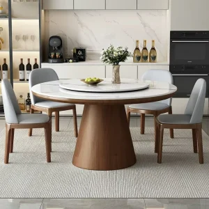 Luxury Modern Minimalist Round Dining Table and Chair Set Thickened Solid Wood & Granite Swivel Tabletop for Home & Hotel