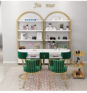Luxury Modern Professional Marble Top Nail Tables Iron Metal Manicure Table & Chair Set Model N003 for Beauty Salons