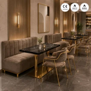 Luxury Modern Restaurant Furniture Set Stainless Steel Marble Dining Table Booth Seating for Cafe Hotel Commercial Project