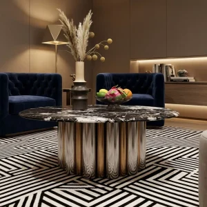 Luxury Modern Round Marble Coffee Table Designer Unique Ribbed Stainless Steel Base Silver Tone Center Tea Table Furniture