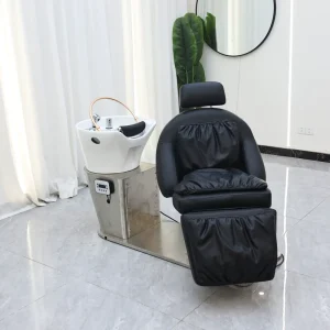 Luxury Modern Salon Equipment PU Leather Durable Electric Adjustable Lift Shampoo Chair with Ceramic Basin Stainless Steel Frame