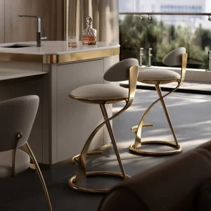 Luxury Modern Stainless Steel Leather Low Back Black and Gold Counter Bar Stool for Kitchen Island Metal bar Chair with Footrest