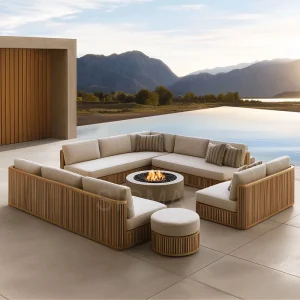 Luxury Modern Teak Wood Outdoor Sectional Sofa Set Fire Pit Table Waterproof Furniture Hotel Farmhouse Villa Courtyard Park