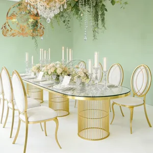 Luxury Modern Tempered Glass Top Gold Steel Frame Round Dining Table for Hotel Events Outdoor Use