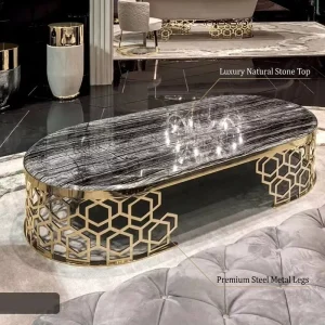 Luxury Modern Travertine Appearance Stone Coffee Table and TV Stand Set with Easy Assemble for Living Room Home