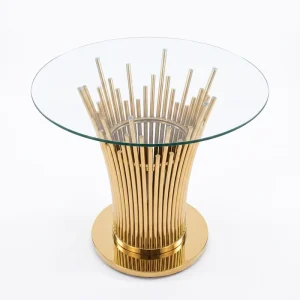 Luxury Modern Vertical Strip Gathered Pedestal Round Glass Top Stainless Steel Hotel Dining Side Table