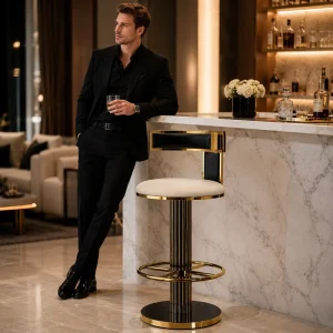 Luxury Modern White Velvet with Fluted Gold Metal Pedestal Base and Low Backrest for Salon Bar Stool