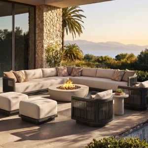 Luxury Modular Outdoor Sofa Set with Fire Pit All Weather Aluminum Patio Furniture for Villa & Resort
