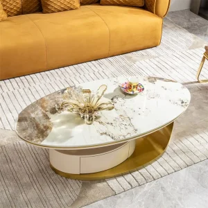 Luxury Multifunctional White Marble Oval Shaped Design Coffee Table with Wooden Drawer