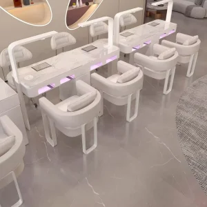 Luxury Nail Salon White Marble Top Double Seater Manicure Table and Chair Set Modern Beauty Shop Nail Table with Lights