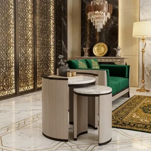 Luxury Nesting Side Table Set Marble Top C Shape Frame 304 Stainless Steel Trim Space Saving Design Modern Villa Living Room