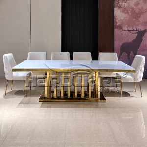 Luxury New Style White Mdf Top Rectangle Gold Stainless Steel Table De Banquet