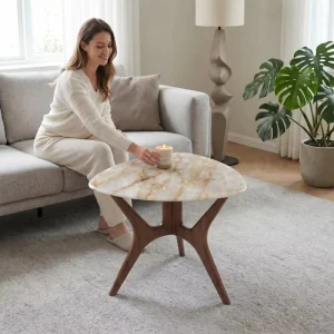 Luxury Organic Modern Rose Quartz Top Coffee Table Premium FAS Grade North American Black Walnut Wood Center Table Living Room