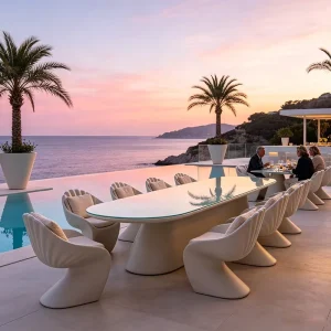 Luxury Outdoor Fiberglass Dining Set Modern Curved Table and Chairs for High-end Hotel Restaurant Rooftop Bar Dining Furniture