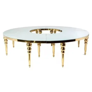 Luxury Party Rental Gold Cake Table Wedding Half Moon S Shape Serpentine MDF Glass Top Stainless Steel Wedding Dining Table