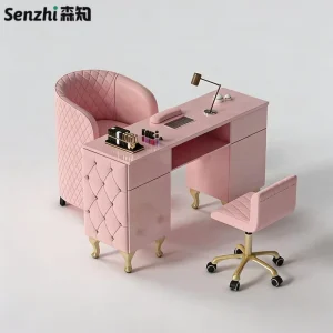 Luxury Pink Manicure Table and Chair Set Beauty Salon Furniture Single Modern Tufted Leather Wooden Nail Table for Sale