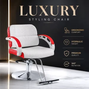 Luxury Pink White Salon Styling Chair Hydraulic Barber Chair with Round Base Footrest Color Block Upholstery Design