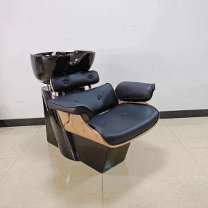 Luxury Reclining Shampoo Chair Black PU Leather Seat Ceramic Fiber Glass Frame Modern Minimalism Design for Professional Hair
