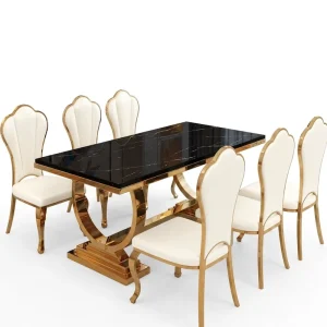 Luxury Rectangular Hotel Dining Table Gold U shaped Stainless Steel Base Marble Glass Tabletop for Restaurant Villa Banquet