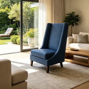 Luxury Residential Leisure Blue Living Room Apartment Furniture Hotel Lobby High Wingback Wood Frame PU Fabric Accent Sofa Chair