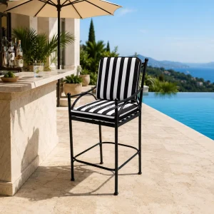 Luxury Resort Commercial Outdoor Bar Chair French Riviera Style Black and White Striped Cushion Aluminum Patio Bar Stool
