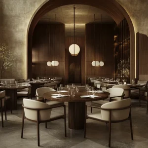 Luxury Restaurant Dining Furniture Set Round Wood Table with Leather Chairs and Metal Legs for Coffee Shop
