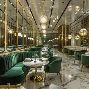 Luxury Restaurant Furniture Set Round Marble Coffee Shop Table with Chair and Dark Green Velvet Sofa Seating for Cafe Dining