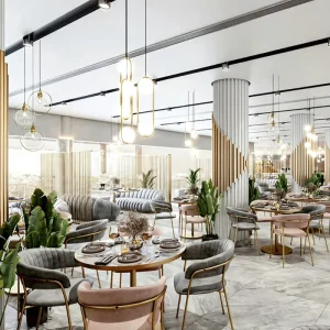 Luxury Restaurant Furniture Set Round Marble Table with Gray Velvet Chairs and Gold Frame Coffee Shop Striped Sofa for Cafe