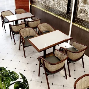 Luxury Restaurant Furniture Set Solid Wood Table and Chair Woven Rattan Booth Sofa Suitable for Cafe and Commercial Restaurant