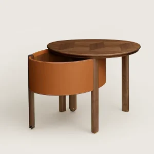 Luxury Rotatable Leather Storage Side Table Geometric Veneer Round Wooden End Table Dual Structure Swivel Accent Table