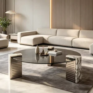 Luxury Round Center Table Tempered Glass Top Sitting Room Coffee Table White Marble & Vertical Fluted Metal Support Legs