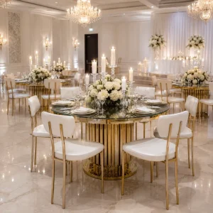 Luxury Round Glass Top Dining Party Table with Gold Stainless Steel Column Base for Hotel Banquets and Wedding Events