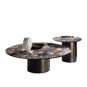 Luxury Round Nesting Coffee Table Set Dark Galaxy Marble Sintered Stone Gunmetal Cylinder Base Custom Living Room