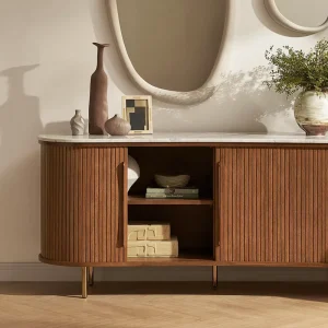 Luxury Rounded Reeded Oak Sideboard White Marble Top Fluted TV Cabinet with Brass Legs for Dining and Living Room