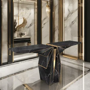 Luxury Royal Black Marble Texture Gold Contemporary Handmade Console Table for Home Hotel Hallway Living Room