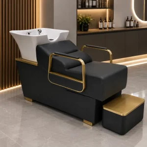 Luxury Salon Furniture Modern Gold Barbershop Shampoo Chair with Ceramic Basin Armrests Ergonomic Backwash Unit Hair Washing Bed
