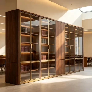 Luxury School Library Furniture Stainless Steel Frame Wooden Modular Adjustable Shelves Bookshelf Glass Door Storage Cabinet